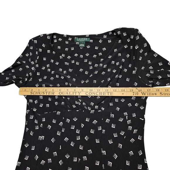 Lauren Ralph Lauren Dress Size 6 Black White Geo Print Long Sleeve Midi Y2K - Picture 6 of 10